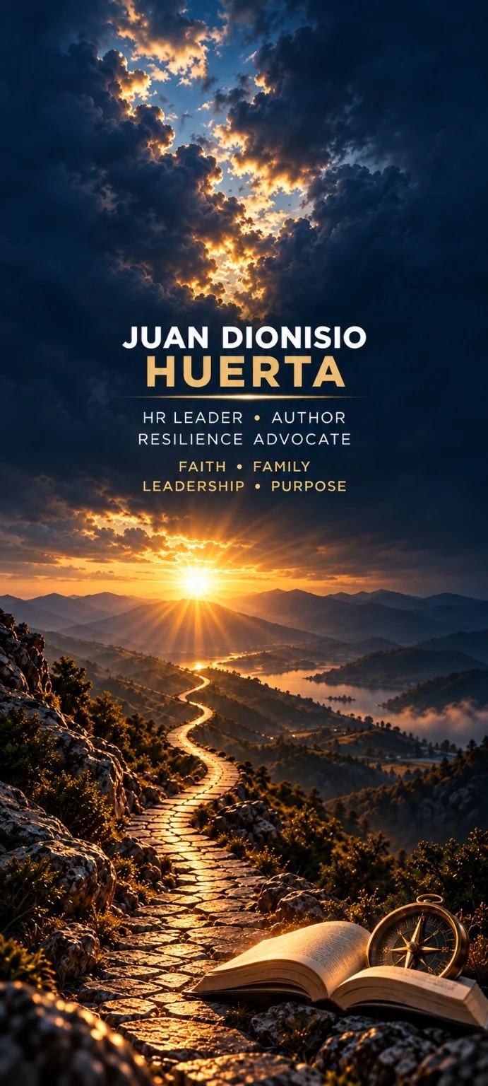 Sunrise beyond a winding mountain path, an open book and a compass