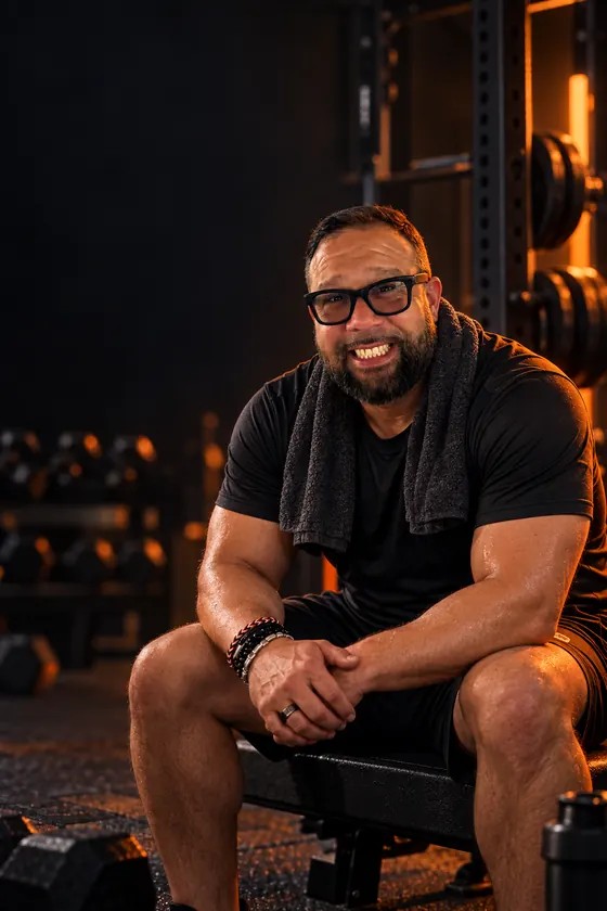 Juan Dionisio Huerta smiling in his approved Resilience gym photo